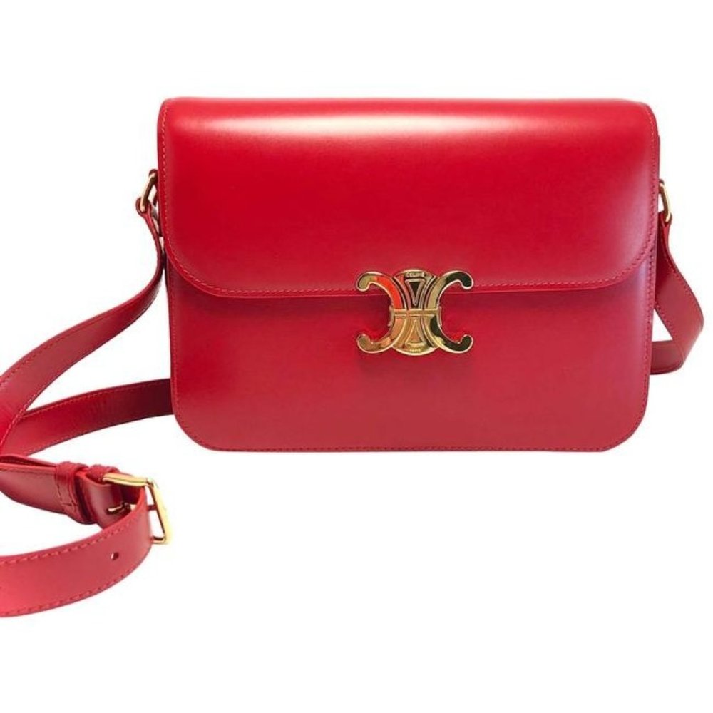CELINE Cr Triomphe Large Natural Red Calfskin Leather Shoulder Bag
